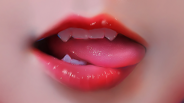 Vampire girl with red lipstick licking lips