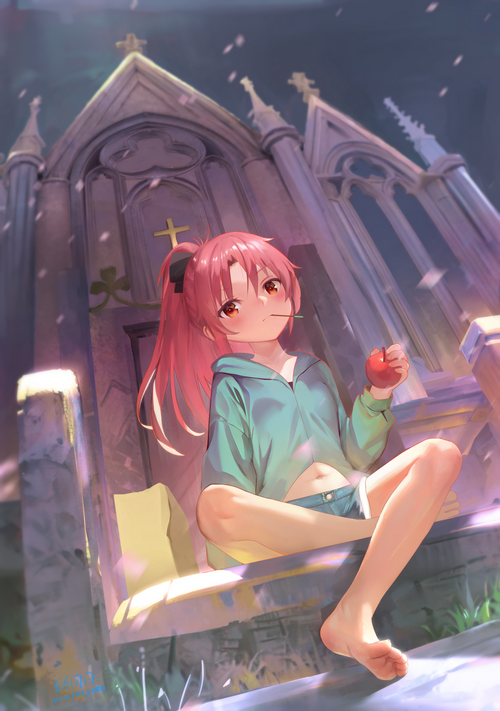 Sakura Kyouko from Mahou Shoujo Madoka Magica with an apple
