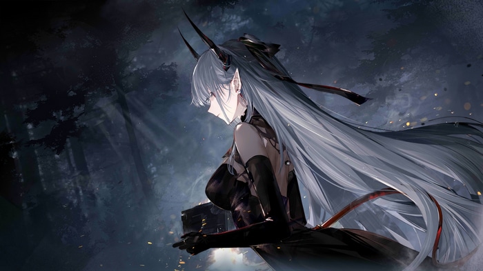 Arknights Sarkaz Sentinel with horns in a dark forest