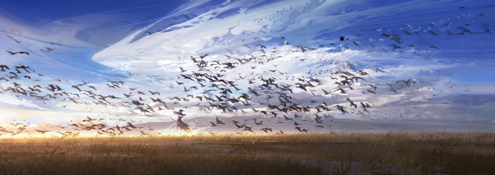 Elaina and a flock of birds in the sky