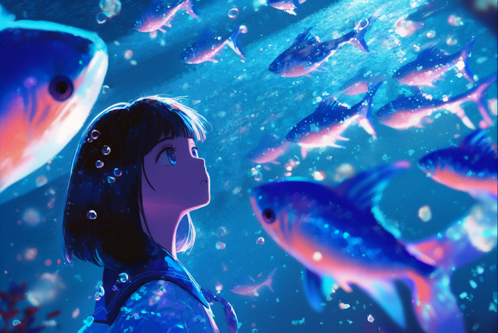 Girl in school uniform underwater with fish
