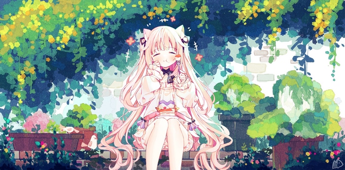 Cat girl eating cake with birds and plants