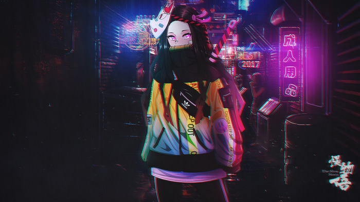 Nezuko Kamado in a cyberpunk Japanese city with neon signs