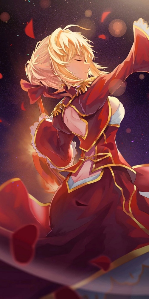Anime girl Saber in a red dress with petals