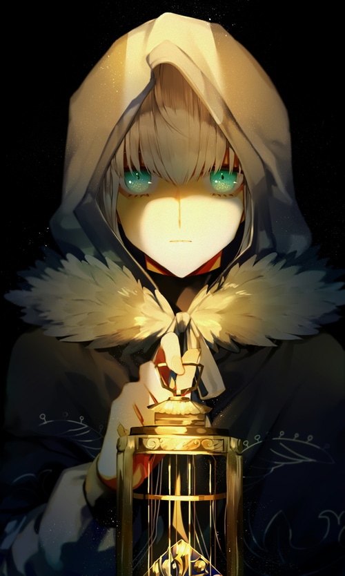 Saber holding a lantern in the Fate series