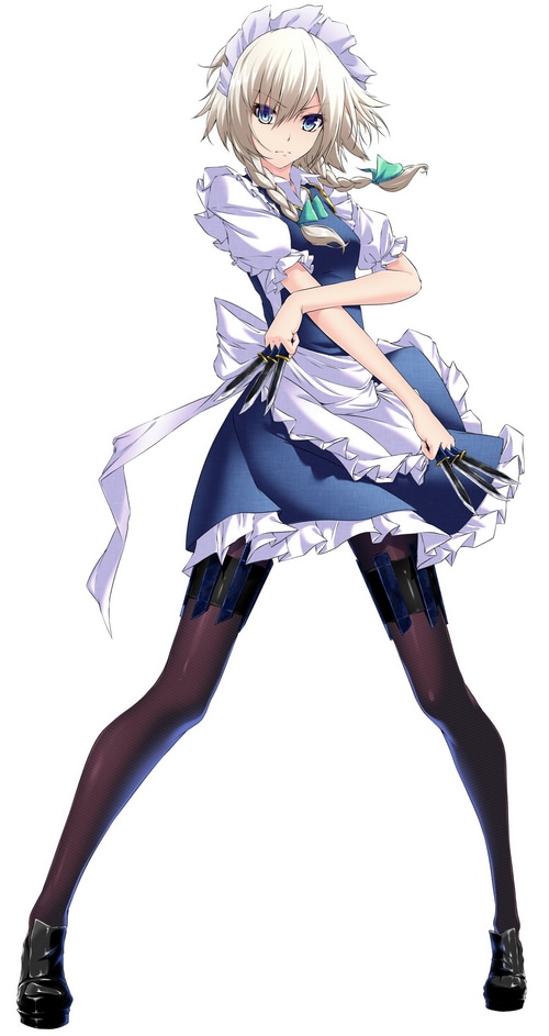 Izayoi Sakuya from Touhou holding knives in a maid outfit