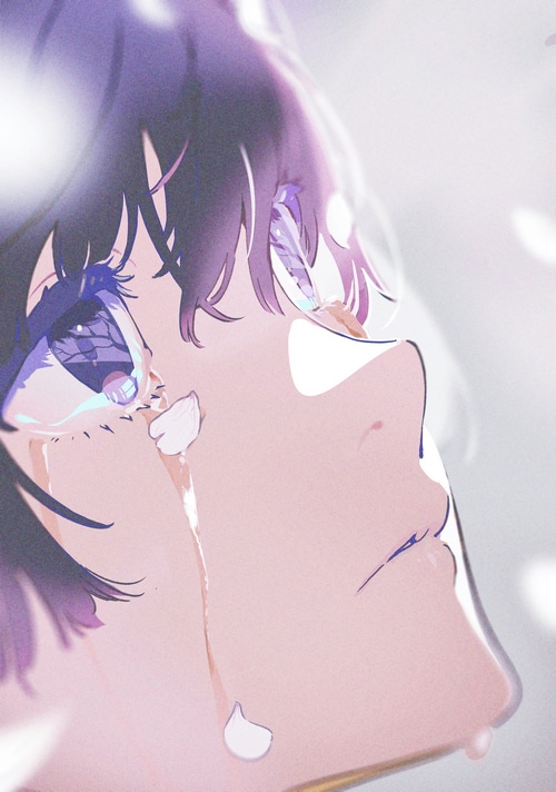 Anime girl crying with petals falling