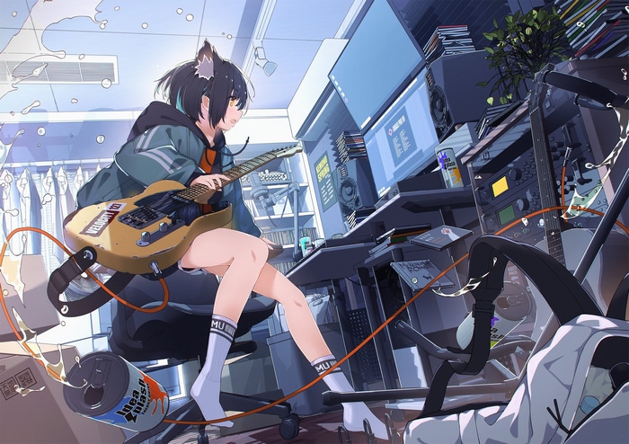 Girl with electric guitar in a music studio