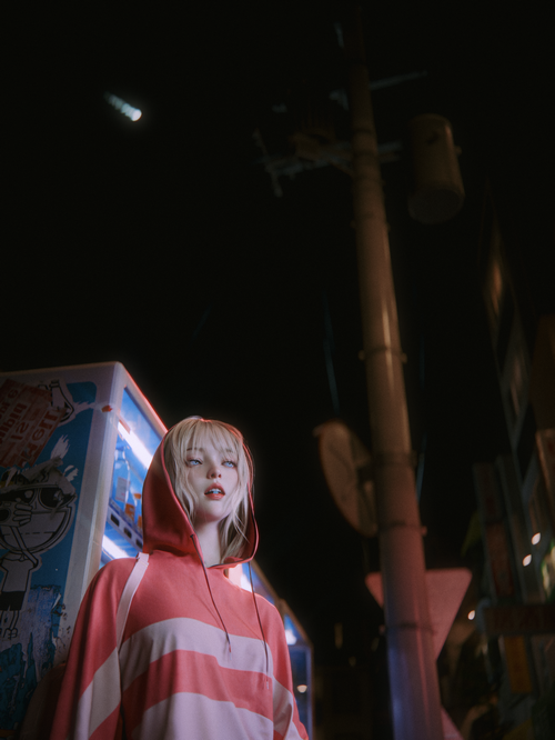 Woman in hoodie by vending machine at night