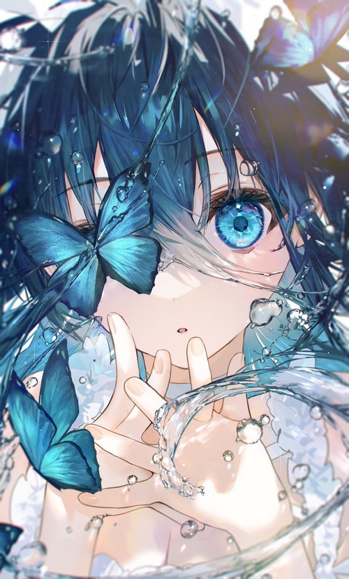 Anime girl with blue hair and butterflies
