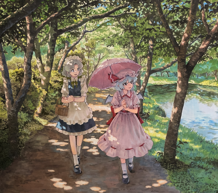 Remilia Scarlet and Izayoi Sakuya walk with an umbrella
