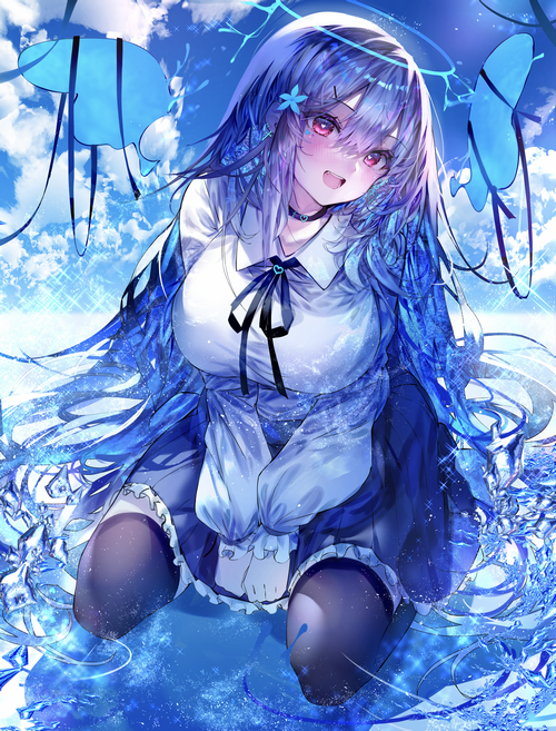 Anime girl with blue hair and school uniform in water