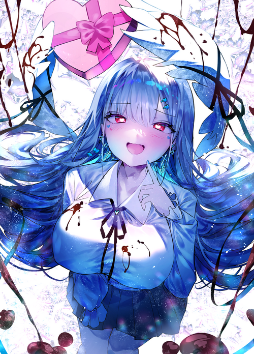 Girl with blue hair and heart-shaped chocolate box