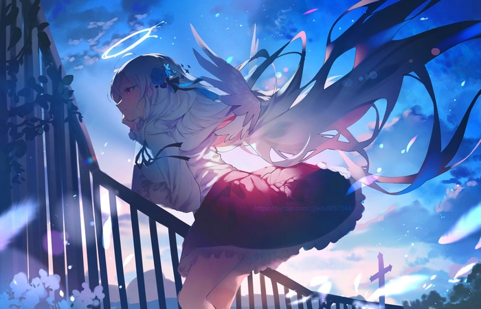 Anime girl with wings and halo on stairs