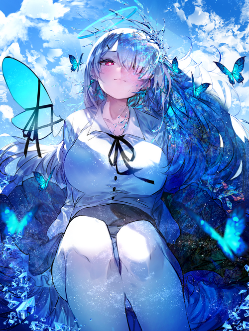 Girl with blue butterfly wings and halo