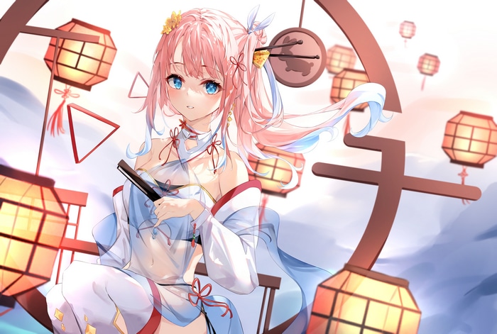 4K Anime Girl with Pink Gradient Hair and Lanterns
