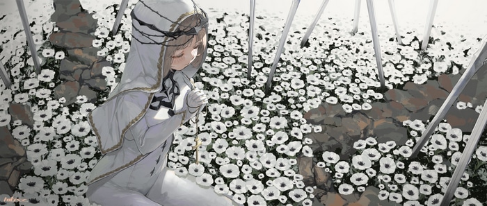 Anime nun praying in a field of white flowers