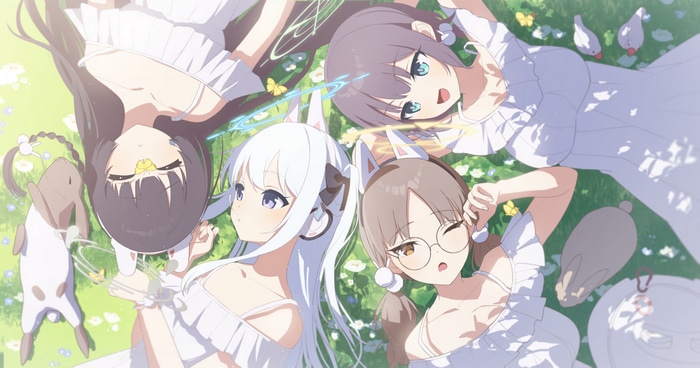 4K anime girls with cat ears lying on grass