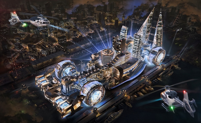 Futuristic Formula 1 Cityscape with Helicopters at Night