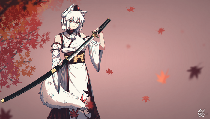 Inubashiri Momiji with Katana and Maple Leaves