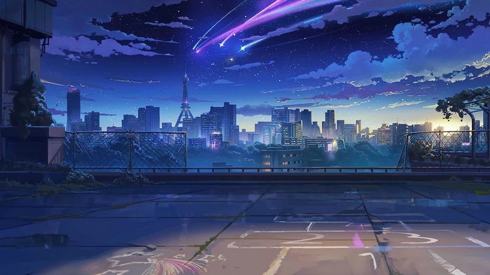Anime city skyline at night with shooting stars