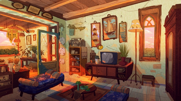 Cozy living room with plants and sunset view