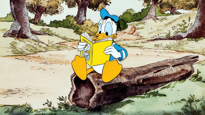 Donald Duck Reading a Book on a Log