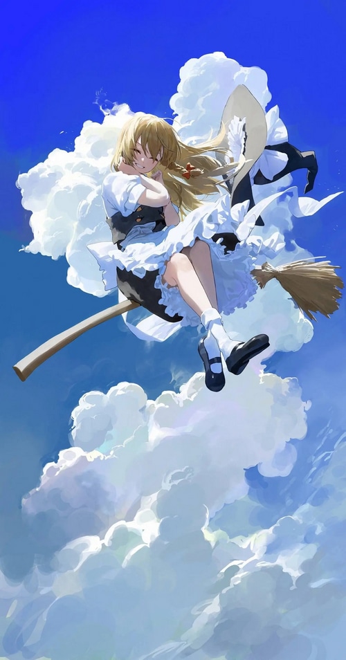 Kirisame Marisa Flying on a Witch's Broom Through Clouds