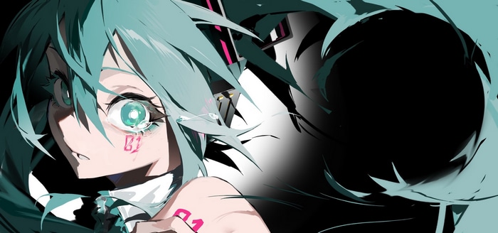 Hatsune Miku crying with a dark background
