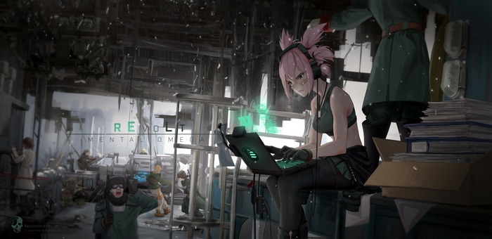 Yunru (Mental Omega) using a laptop in a workshop