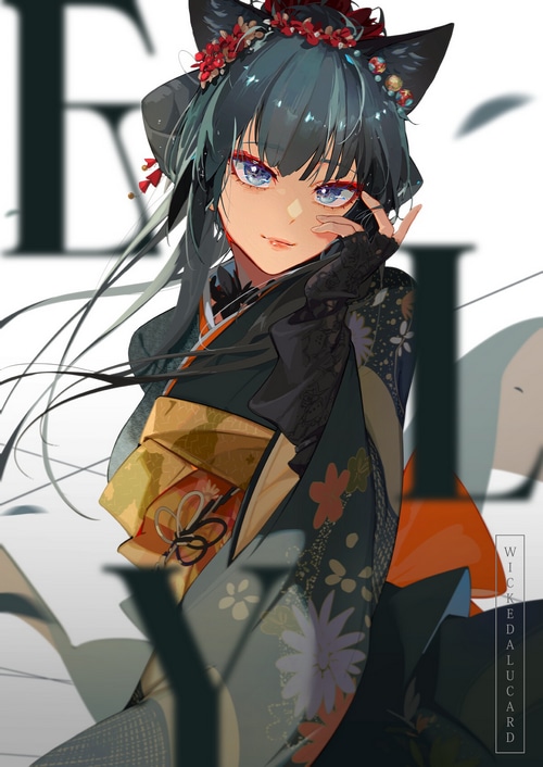 Anime girl with cat ears in a kimono