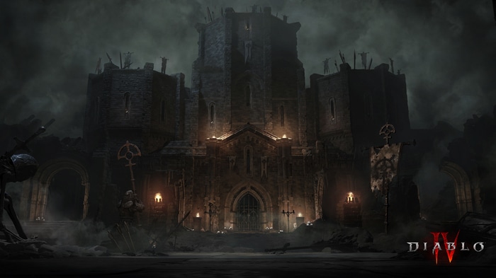 Diablo IV castle with banners and torches