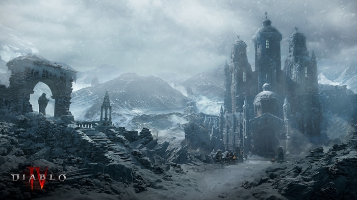 Diablo IV snowy mountain landscape with castle ruins