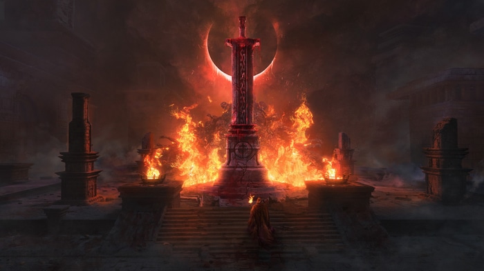 Diablo IV: A figure approaches a fiery altar with a sword