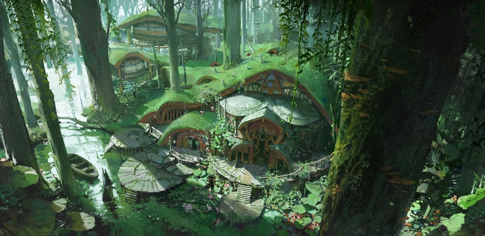 Hobbit-like houses in a lush forest with a river