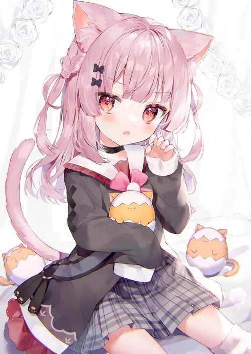 Cat girl with pink hair holding a plush toy