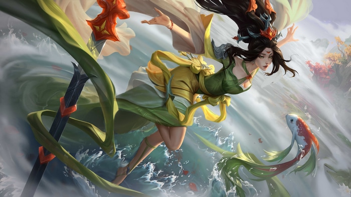 Naifan Zhang in green dress with koi fish