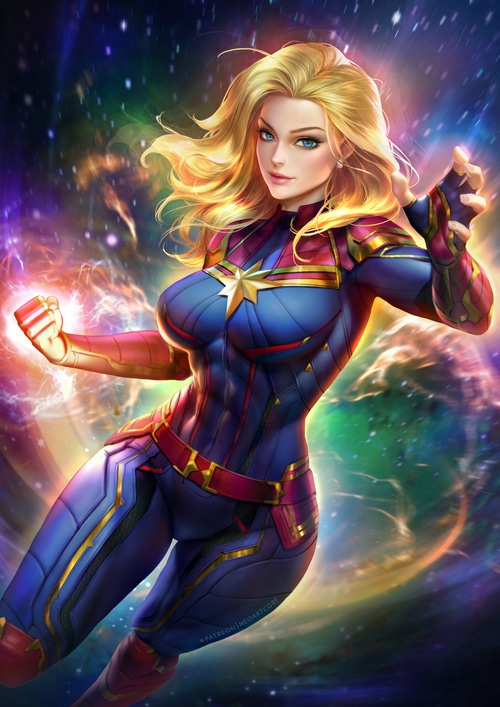Captain Marvel in a cosmic background