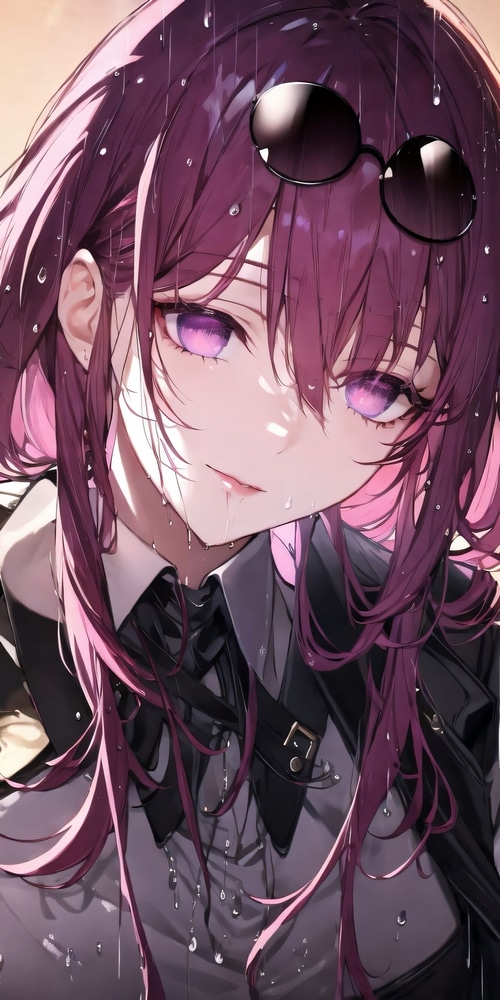 Kafka in the rain with purple hair and eyes