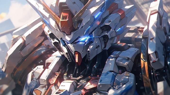 4K Gundam close-up with blue glowing eyes