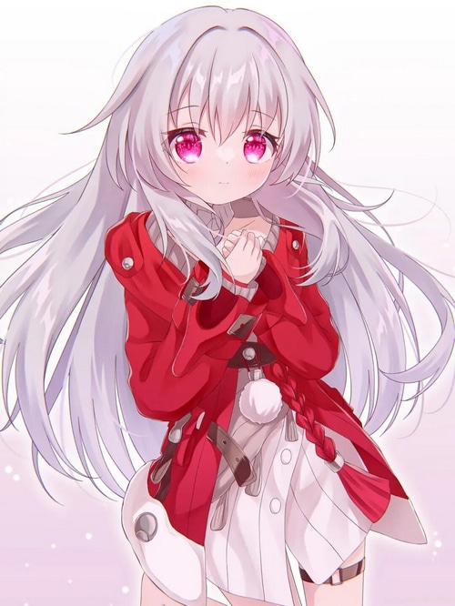Anime girl with gray hair and red eyes