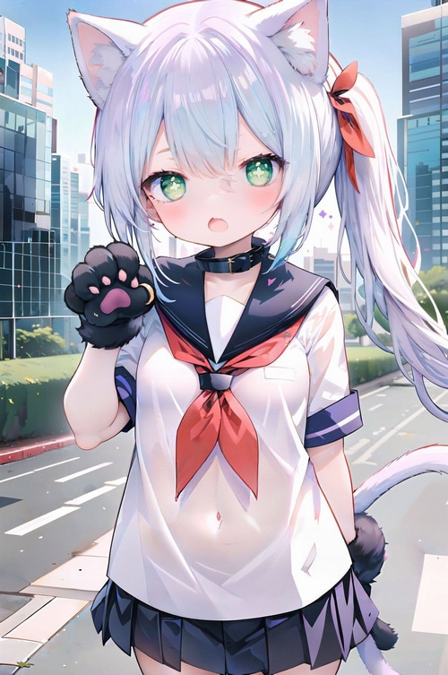 Anime schoolgirl with cat ears and tail in uniform