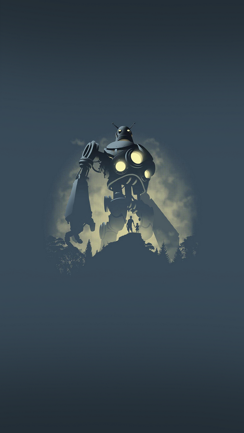 The Iron Giant stands over two people on a hill