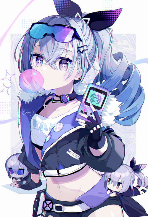 Silver Wolf blowing bubble gum with a Game Boy Advance