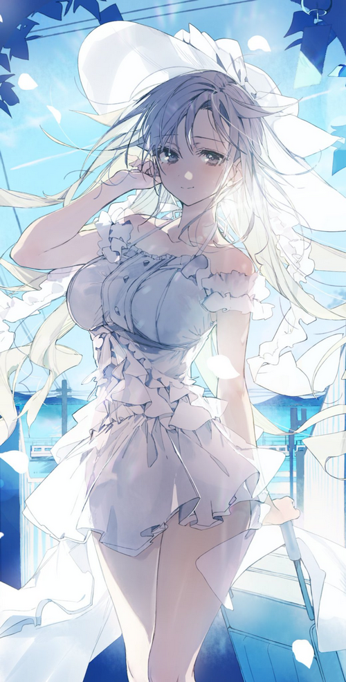 Girl in a white dress and hat with petals