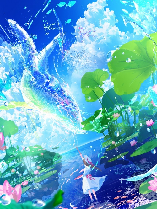 Anime girl with magical water creature among lotus flowers