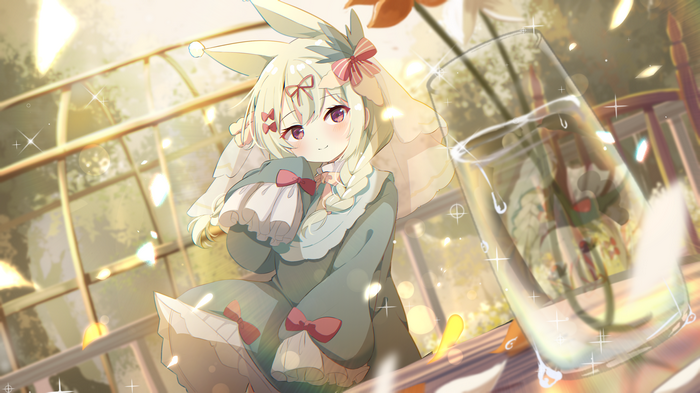 Anime girl with green hair and animal ears in a garden