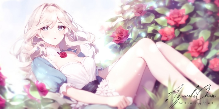 Anime girl with blonde hair and blue eyes in a garden