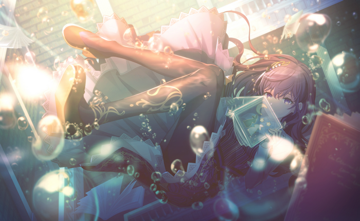 Girl reading books underwater surrounded by bubbles
