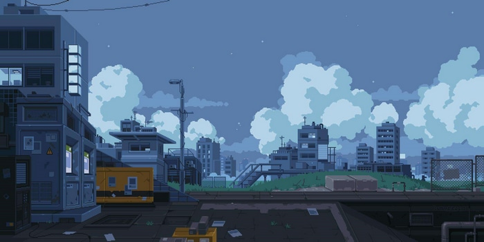 Pixel art city skyline with clouds at dusk
